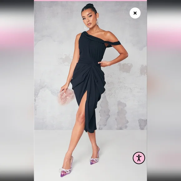 PrettyLittleThing | Dresses | Black Chiffon Asymmetric Strap Draped Midi  Dress | Poshmark